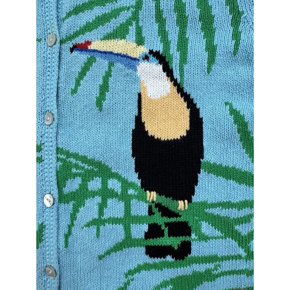 Vintage Tropical Toucan Sweater Womens L Blue Button Up Resort Florida Vacation - Picture 14 of 16